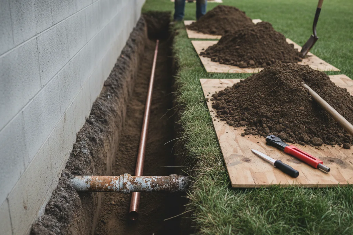 Excavated water line trench during Sewer Line Repair in Bridgeton